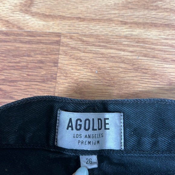 AGOLDE Quiin Cult Black Mini Denim Skirt High Rise Raw Hem Button Fly size 26 - Picture 3 of 4